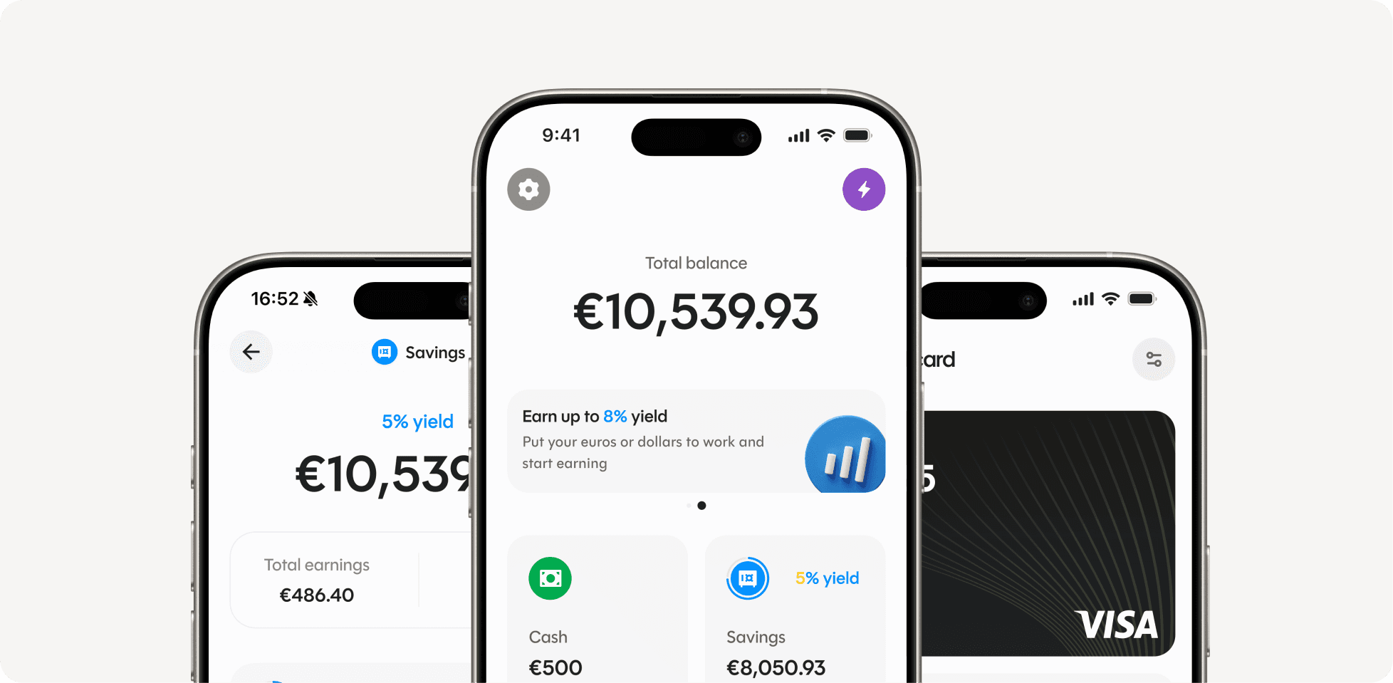 The Rebind app's savings, home, and card screens