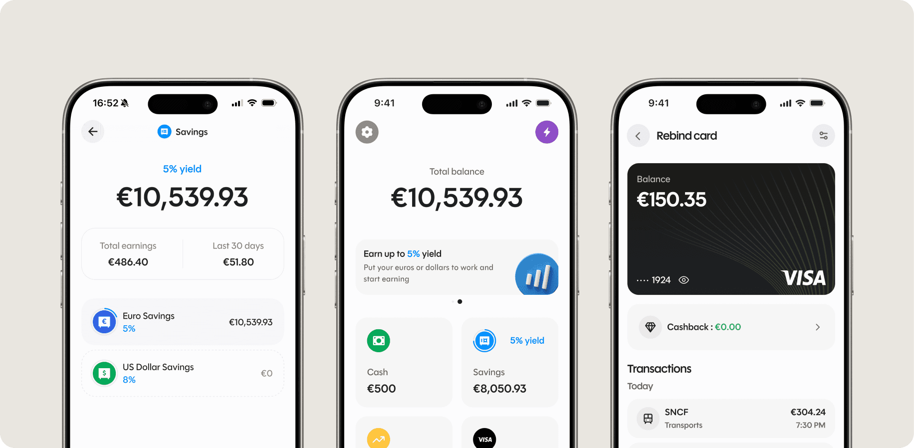 The Rebind app's savings, home, and card screens