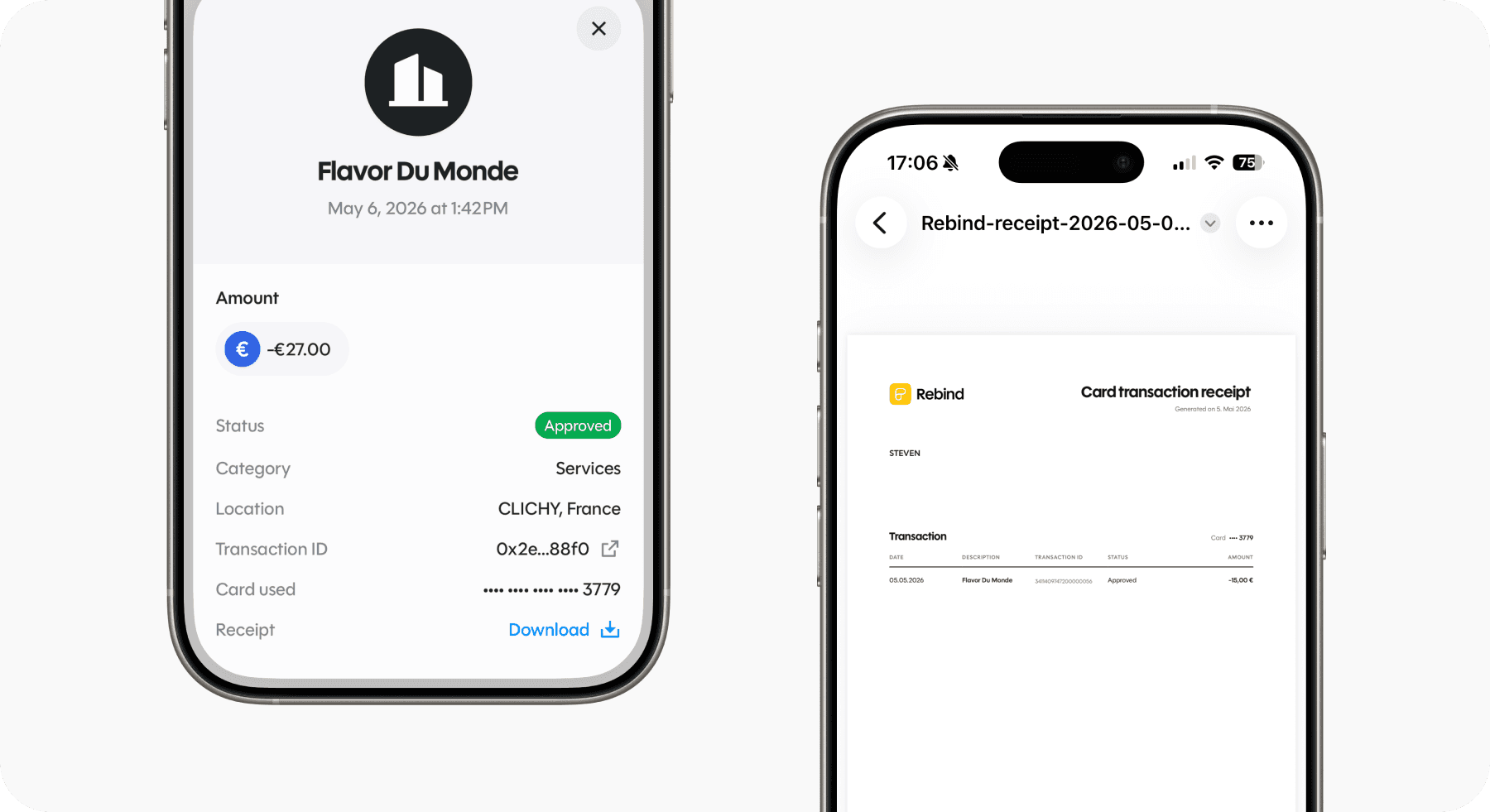 A card transaction receipt and PDF export in the Rebind app